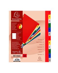 Jeu de 12 Intercalaires numériques en PP - Assortiment - 1 à 12 - 245 x 297 mm A4 maxi EXACOMPTA