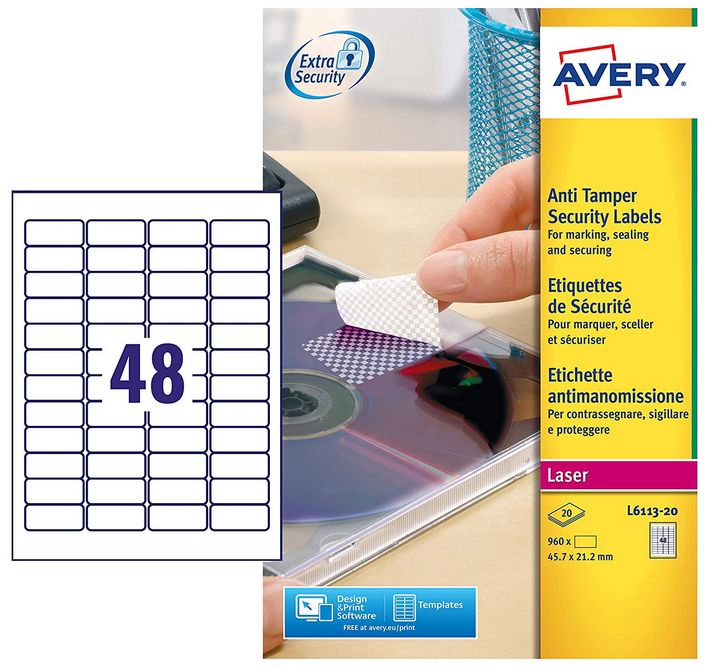 Étiquettes adhésives de sécurité en film plastifié - 45,7 x 21,2 mm AVERY  L6113-20